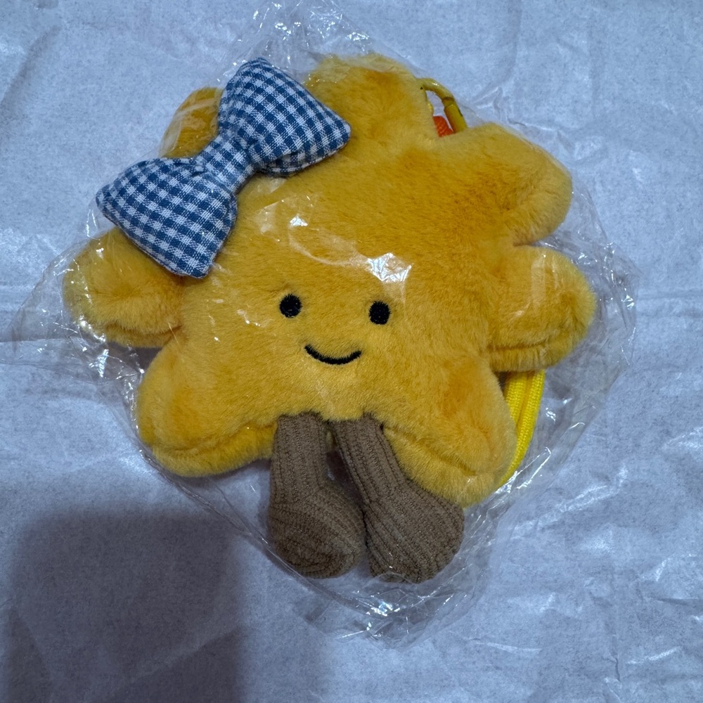 Yellow Plush Star Bag charm Keychain with Blue Bow
